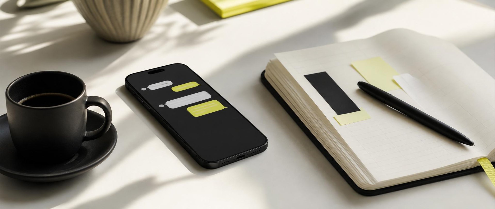Workspace with phone messages, coffee and notebook